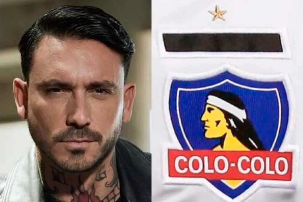 Primer plano a mano izquierda de la fotografía a Mauricio Pinilla, ex futbolista profesional. Mientras que a mano derecha aparece el escudo de Colo-Colo, equipo del fútbol cihleno.