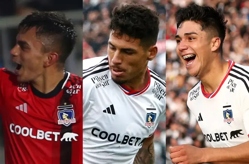 Vicente Pizarro, Alan Saldivia y Damián Pizarro con la indumentaria de Colo-Colo.