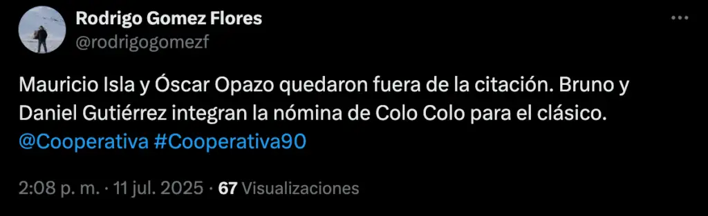 Pese a la lesión de Mauricio Isla, Óscar Opazo tampoco fue citado para el Supeclásico con la U.