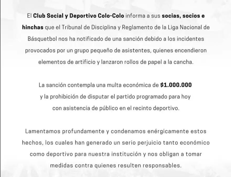 Sanción contra CSD Colo-Colo Básquetbol.