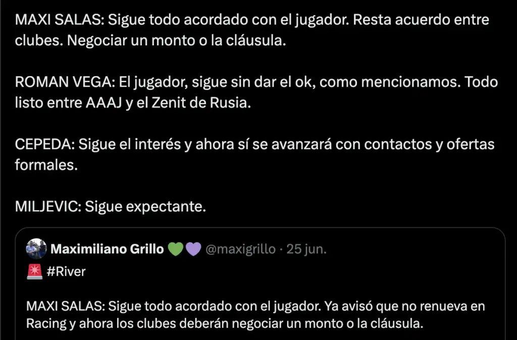 Publicación de Maximiliano Grillo en X sobre pasos a seguir de River Plate para intentar fichar a Lucas Cepeda.