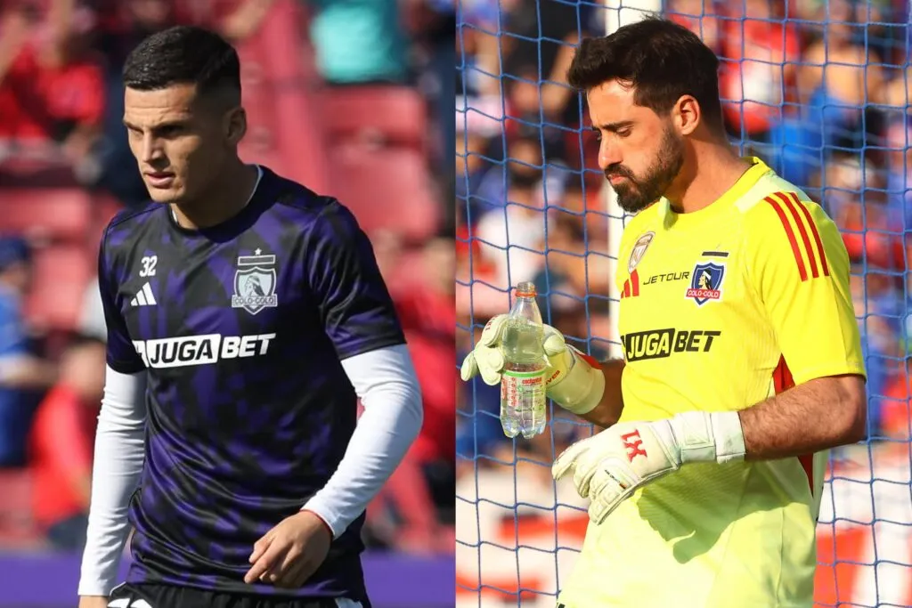 Lucas Cepeda y Fernando de Paul utilizando las dos nuevas camisetas de Colo-Colo en el Superclásico.