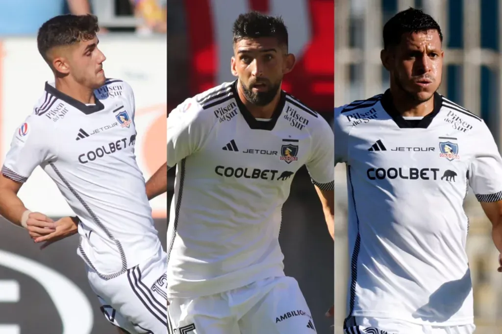 Primer plano a Bruno Gutiérrez, Emiliano Amor y Ramiro González con la camiseta de Colo-Colo.