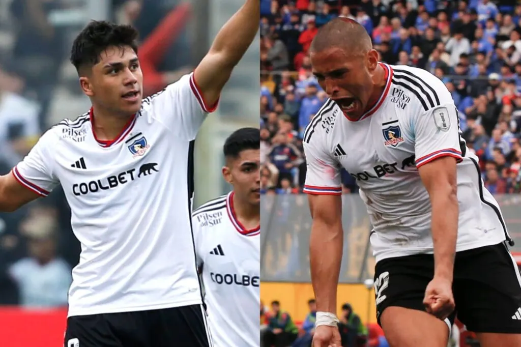 Primer plano a Damián Pizarro y Leandro Benegas celebrando goles con la camiseta de Colo-Colo.