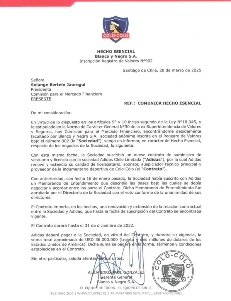 Acuerdo entre Adidas y Colo-Colo