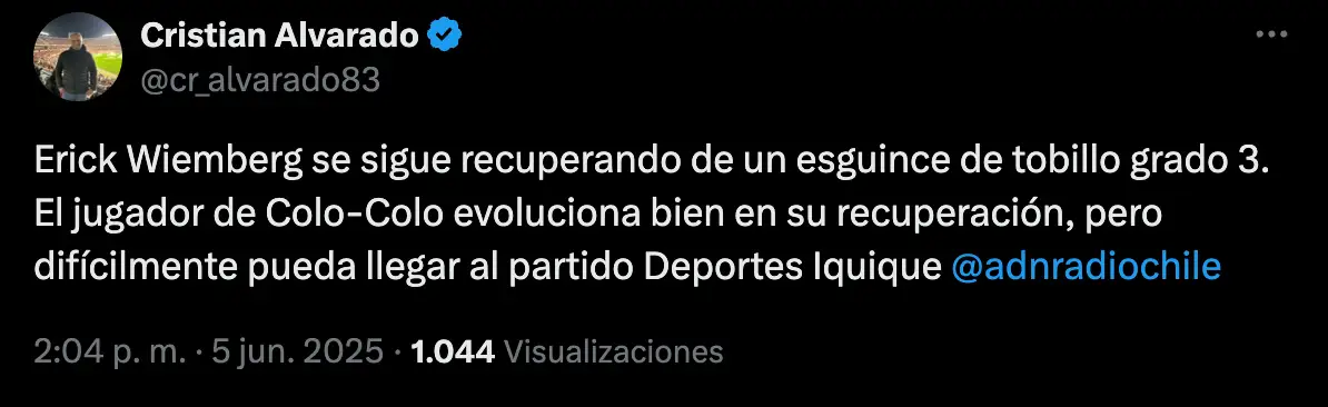 Captura de pantalla de publicación sobre estado físico de Erick Wiemberg.