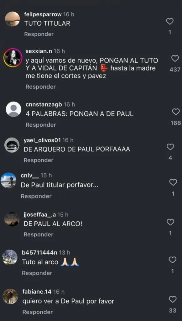 Comentarios de Hinchas en el Instagram de Colo-Colo donde piden a Fernando de Paul como titular.
