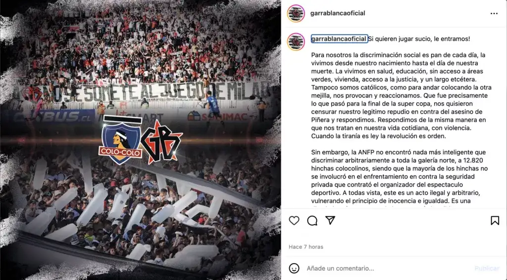 Captura de pantalla sobre publicación de la Garra Blanca.