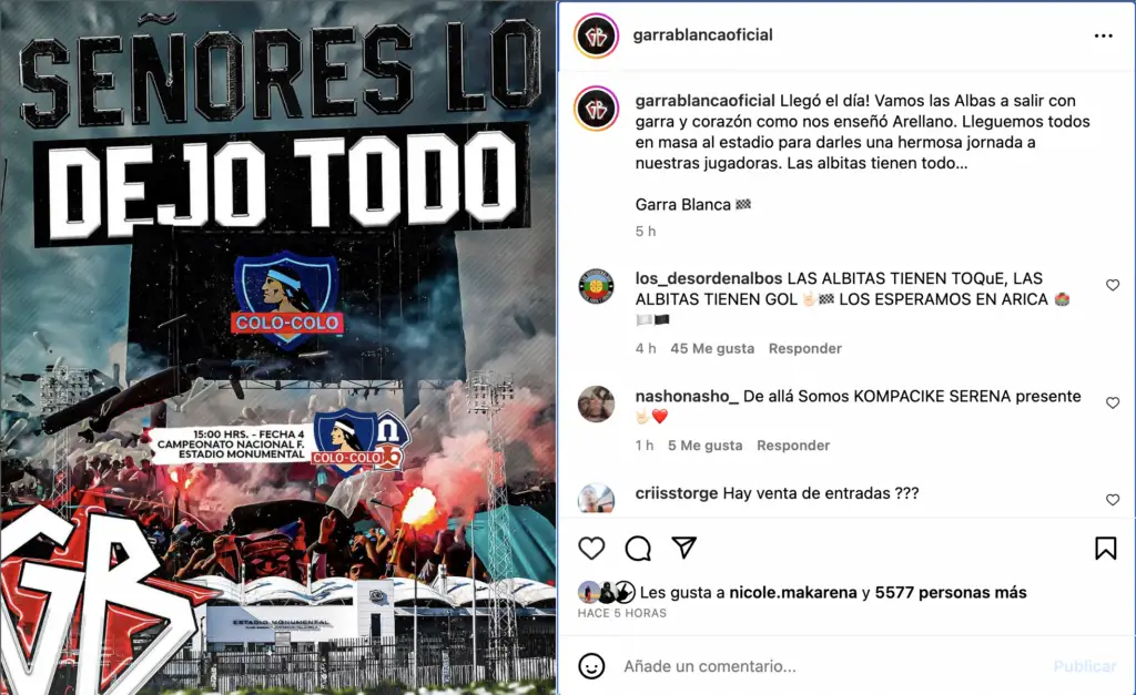 Captura de pantalla sobre publicación de la Garra Blanca.