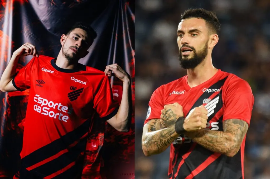 Gonzalo Mastriani y Lucas Di Yorio con la camiseta de Athletico Paranaense.