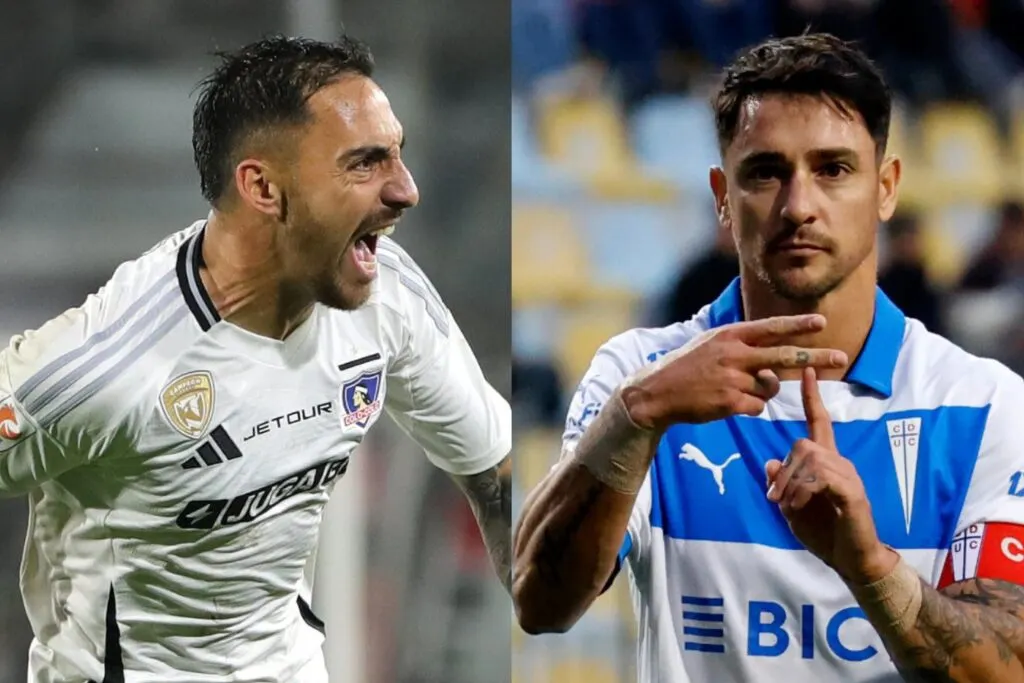 Javier Correa y Fernando Zampedri con camisetas de Colo-Colo y Universidad Católica.