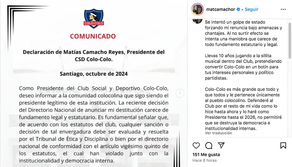 Matías Camacho a través de su cuenta de Instagram.