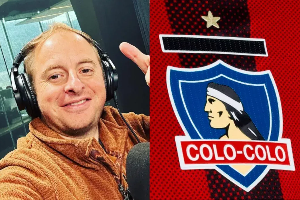Primer plano a Jorge Hevia con un micrófono de radio y el escudo de Colo-Colo.