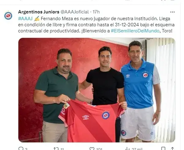 Pantallazo publicación de Argentinos Juniors sobre presentación de Fernando Meza.