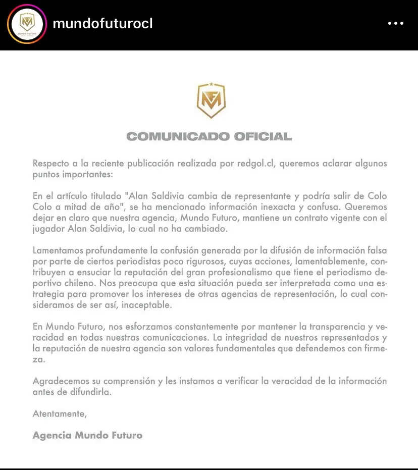 Comunicado Mundo Futuro negando que Alan Saldivia haya cambiado de representante.