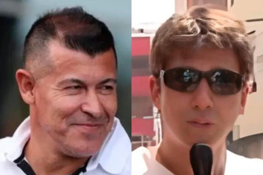 Primer plano al rostro sonriente de Jorge Almirón, técnico de Colo-Colo durante la temporada 2024, mientras que a mano derecha aparece el polémico astrólogo Giorgio Armas con lentes de sol y hablando con un micrófono.