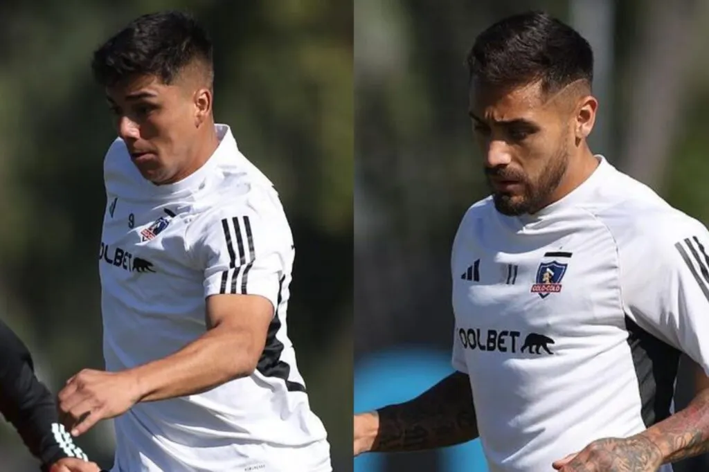 Primer plano a Damián Pizarro y Marcos Bolados durante un entrenamiento de Colo-Colo.
