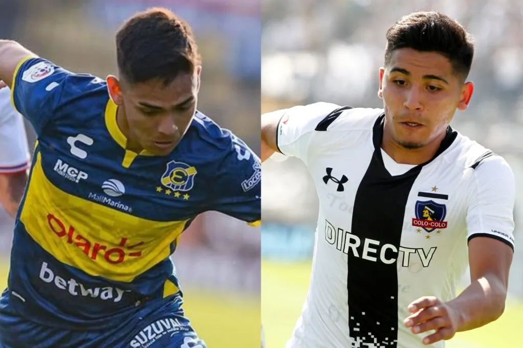 Primer plano a los torsos de Joan Cruz con la camiseta de Everton y Luis Pavez con Colo-Colo