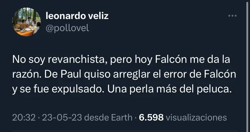 Tweet de Leonardo Véliz en contra de Maximiliano Falcón.
